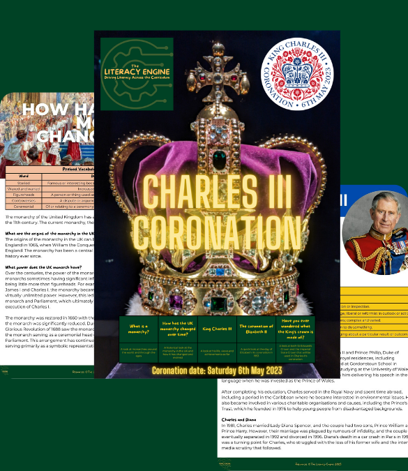 Home page splash of pages from the coronation of Charles III Literacy pack from The Literacy Engine